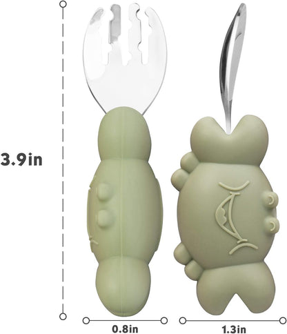 Silicone Suction Plate for Toddlers with Fork Spoon Set - Self Feeding Training Divided Plate Dish and Bowl for Baby and Toddler, Fits for Most Highchairs Trays (Green)