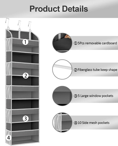 TAHAVICE 1 Pack Over The Door Organizer Storage, Hanging Organizer Closet with 5 Large Pockets 10 Mesh Pockets, 44 lbs Weight Capacity, Behind Door Storage for Nursery Bedroom Bathroom (Dark Grey)