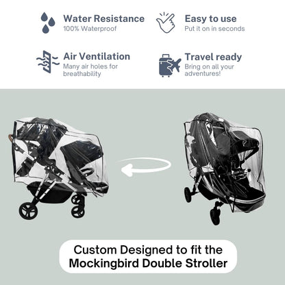 SASHA'S Double Rain and Wind Cover Made for Mockingbird Single-to-Double 2.0 Stroller w/Second Seat Kit 2.0,Ventilation Holes, Maximum Coverage Made in USA (Stroller not Included)