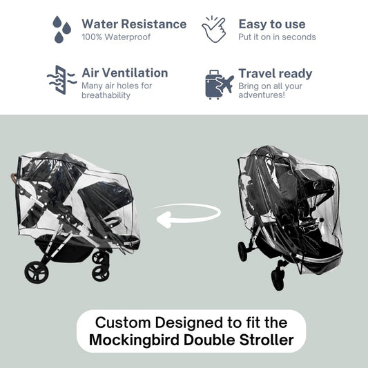 SASHA'S Double Rain and Wind Cover Made for Mockingbird Single-to-Double 2.0 Stroller w/Second Seat Kit 2.0,Ventilation Holes, Maximum Coverage Made in USA (Stroller not Included)