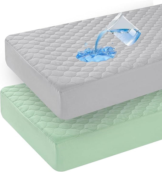 david's kids 2 Pack 52''x28'' Waterproof Crib Mattress Protector Pad Cover Stretch up to 8", Fitted Standard Crib and Toddler Mattresses, Soft and Breathable for Boys Girls, Grey & Sage Green