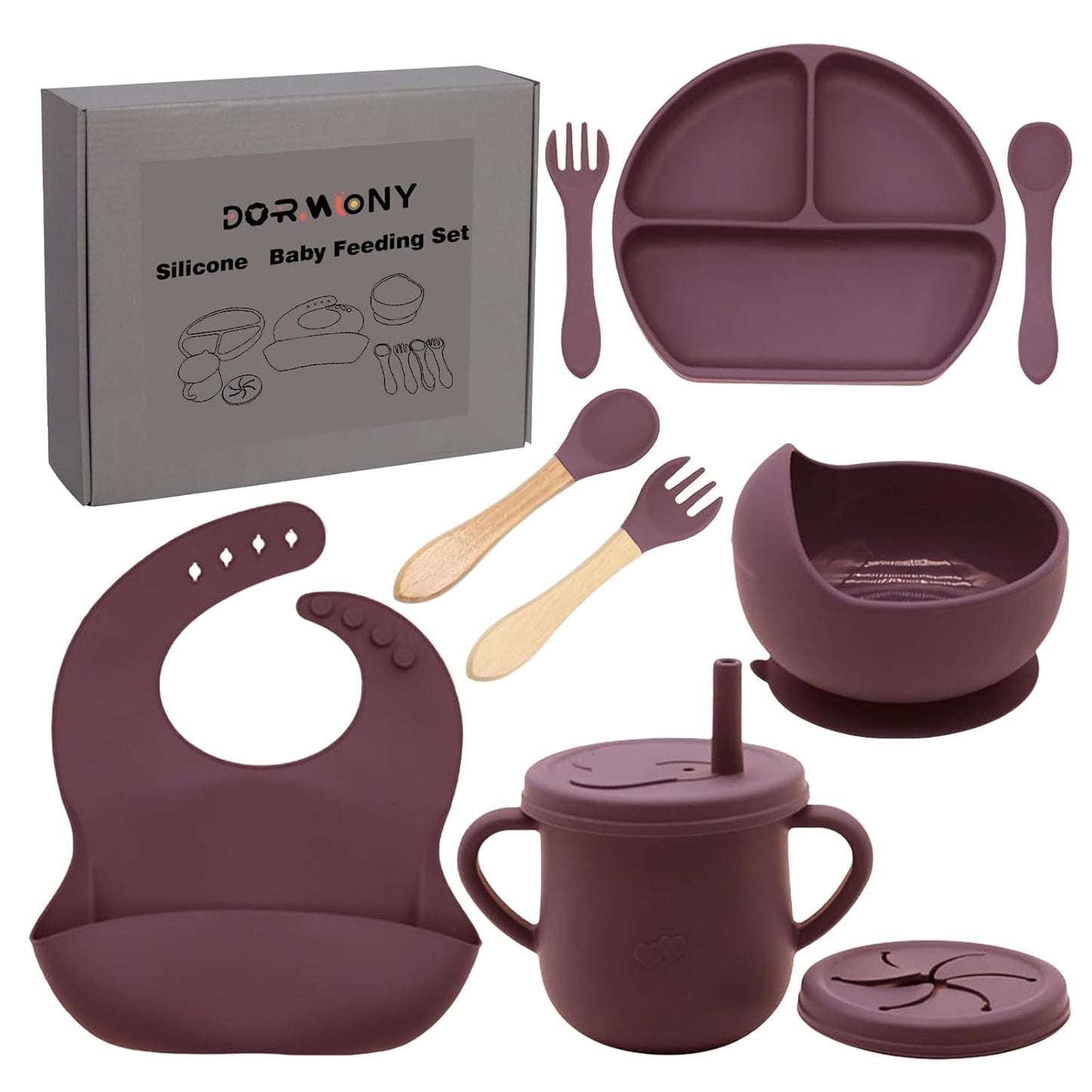 100% Silicone Baby Feeding Set, BPA Free Baby Dishes with Suction Bowl, Divided Plate, Toddler Self Feeding Dish Set with Spoons, Forks, Sippy Cup and Bib, Baby Eating Utensils (Navy Blue)