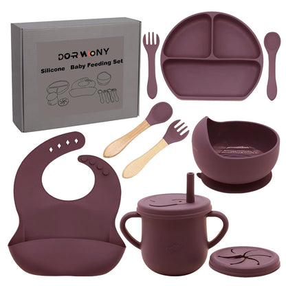 100% Silicone Baby Feeding Set, BPA Free Baby Dishes with Suction Bowl, Divided Plate, Toddler Self Feeding Dish Set with Spoons, Forks, Sippy Cup and Bib, Baby Eating Utensils (Navy Blue)