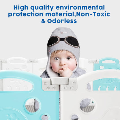 Albott Baby Fence Kid Playpen 18 Panel Albott Play Yard - Foldable Kids Safety Activity Center Playard Safety Lock Gate,Adjustable Shape, Portable Design for Indoor and Outdoor (18 Panel, Grey+White)