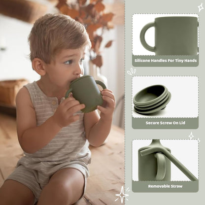 6-Piece Silicone Baby Feeding Set Non-Slip Suction Plate, Bowl, Spoon, Fork, Cup, Bib. BPA-Free, Dishwasher & Microwave Safe for Babies & Toddlers