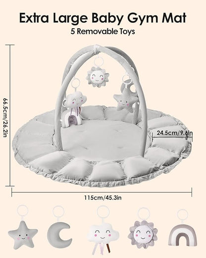 5-in-1 Convertible Baby Gym Play Mat with Hanging Toys, Soft Padded Activity Center & Ball Pit, Plush Tummy Time Mat for Newborns to Toddlers, Machine Washable, Gray