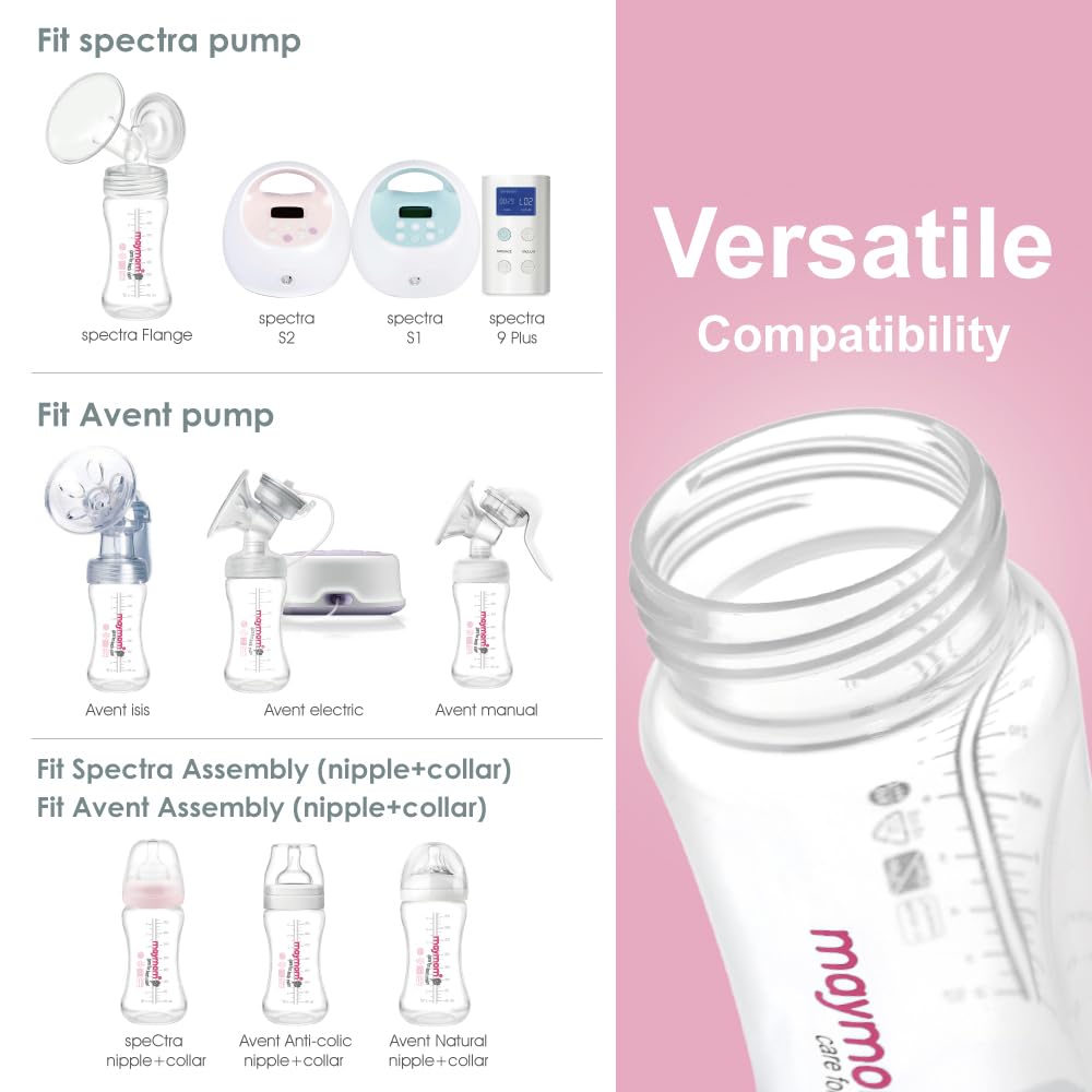 Maymom Wide-Mouth Milk Storage Feeding Collection Bottle with Nipple, Dome Cap, Bottle Top, SureSeal Sealing Disk; Compatible with Spectra Pump/Motif Luna; 5 pc (4.7Oz/140mL)