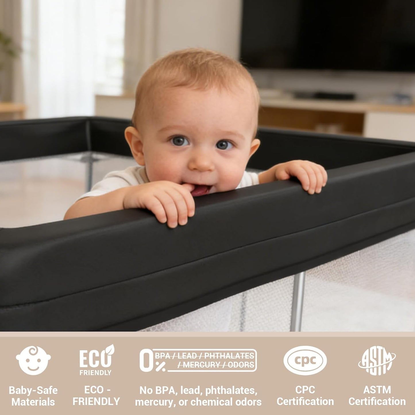 Foldable Baby Playpen, 50"×50" Collapsible Play Yard for Babies and Toddlers, No Assembly Required, Kids Safety Play Area with 4 Handles, 50 Balls and Visible Mesh, Black