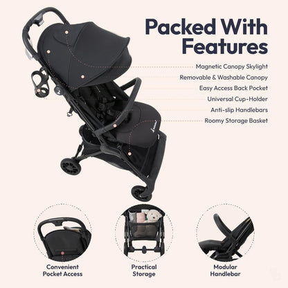 BabbleRoo Hoplite Compact Stroller – Lightweight Travel Stroller for Airplane (12.3 lbs), from Birth to 55 lbs, Easy Fold, PU Wheels, Alloy Frame, Near-Flat Recline, Cup Holder, Baby Stroller