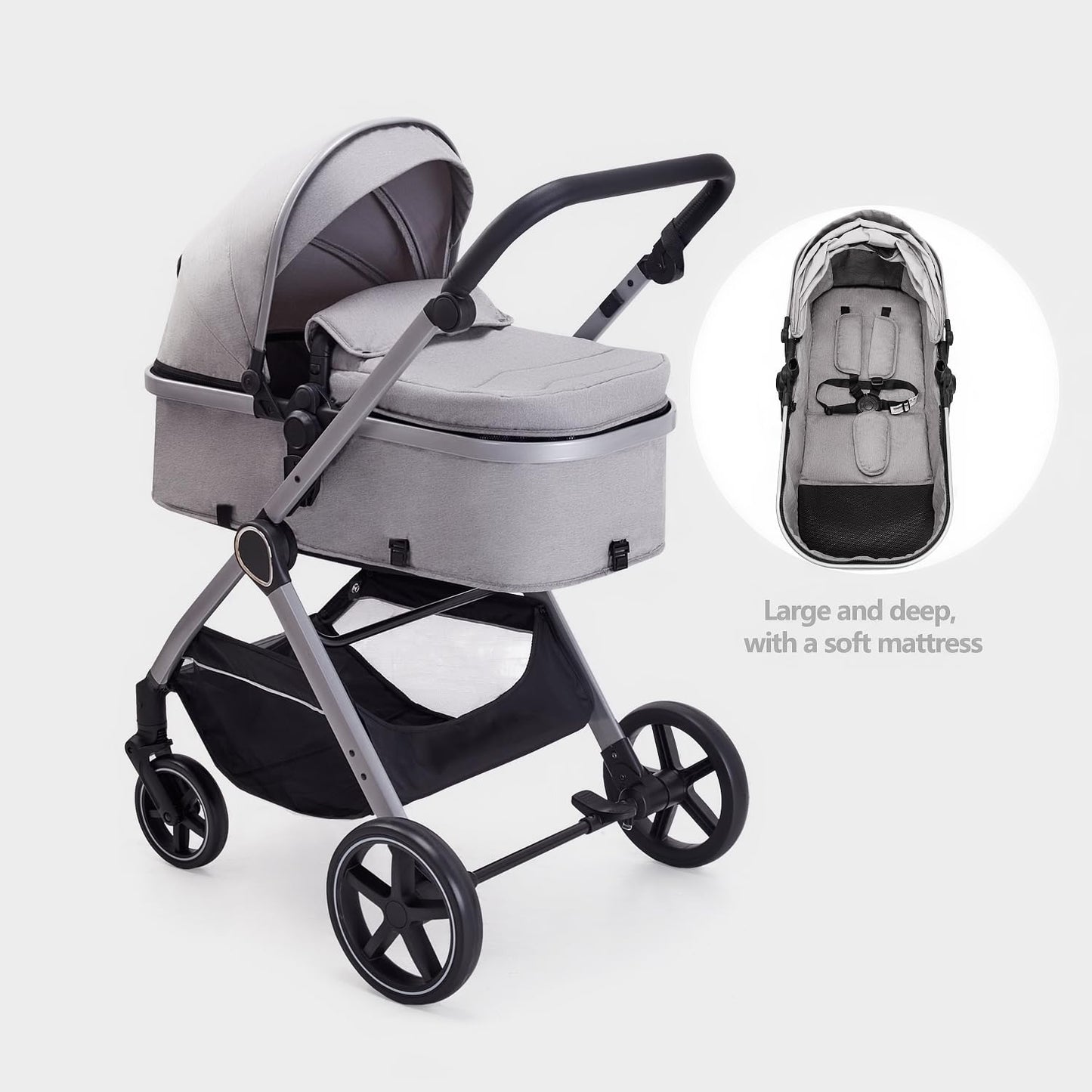 Lortsybab 2 in 1 Baby Stroller, Newborn Infant Toddler Convertible Pram Stroller for 0-36 Months Old Babies (Grey)