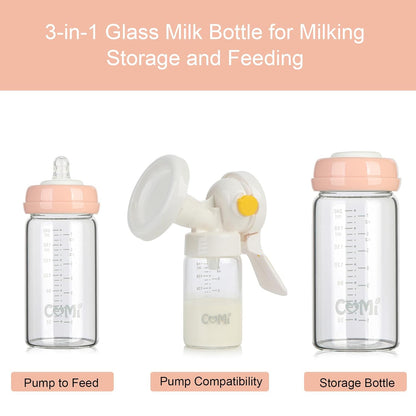 COMI Wide Neck Glass Breastmilk Collection n Storage Bottle, 4 Packs,10oz with Screw Ring Sealing Disk,Re-markable Sealing Disc,BPA Free,Fits Breast Pumps&Nipples(4 Green Lids)
