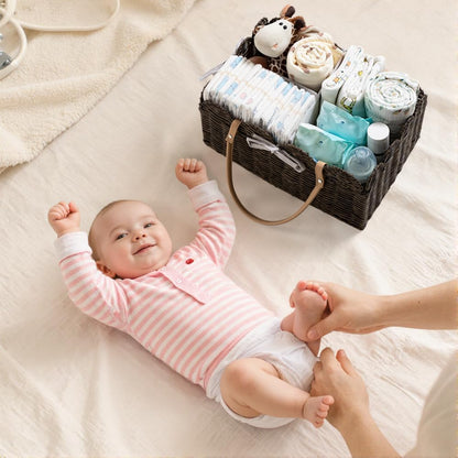 HBlife Baby Diaper Caddy Organizer, Large Portable Scalloped Plastic Wicker Woven Basket with Divider, Nursery Diaper Station, Baby Shower Gifts Basket, Car Organizer, Washable Waterproof