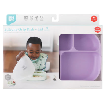 Bumkins Toddler and Baby Suction Plate, Divided Grip Dish for Babies and Kids, Baby Led Weaning, Feeding Supplies, Sticks to Tables and Highchairs, Platinum Silicone, for Chidren 6 Months, Gray