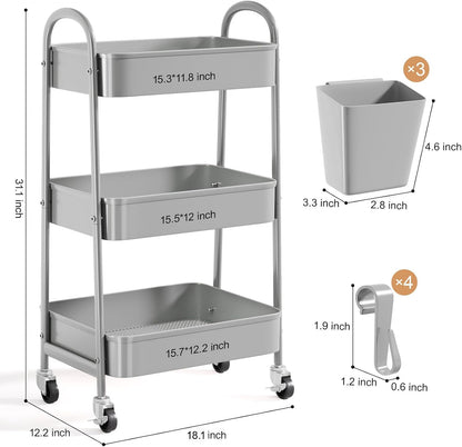 3 Tier Heavy Duty White Metal Rolling Cart with Lockable Wheels, Three Tier Roller Book Snack Cart, Utility Storage Organizer Carts for Kitchen, Bathroom, Garage, Baby Diaper, Craft, Art, Teacher