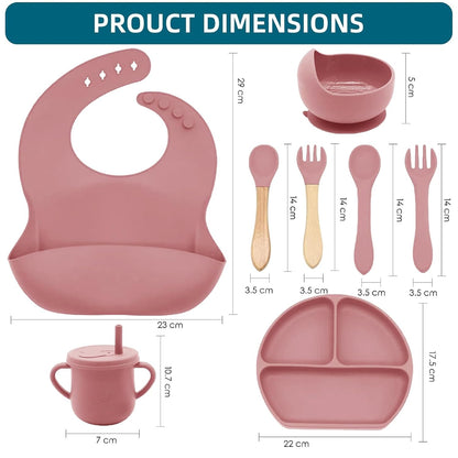 100% Silicone Baby Feeding Set, BPA Free Baby Dishes with Suction Bowl, Divided Plate, Toddler Self Feeding Dish Set with Spoons, Forks, Sippy Cup and Bib, Baby Eating Utensils (Navy Blue)