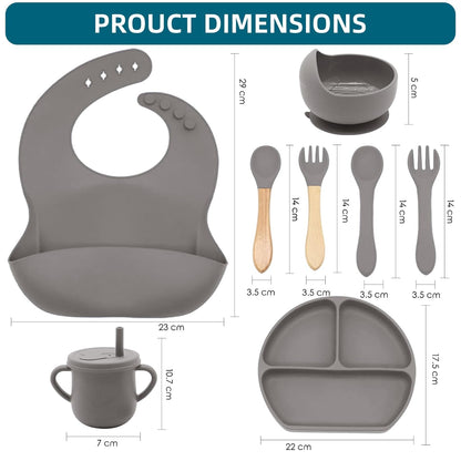 100% Silicone Baby Feeding Set, BPA Free Baby Dishes with Suction Bowl, Divided Plate, Toddler Self Feeding Dish Set with Spoons, Forks, Sippy Cup and Bib, Baby Eating Utensils (Navy Blue)