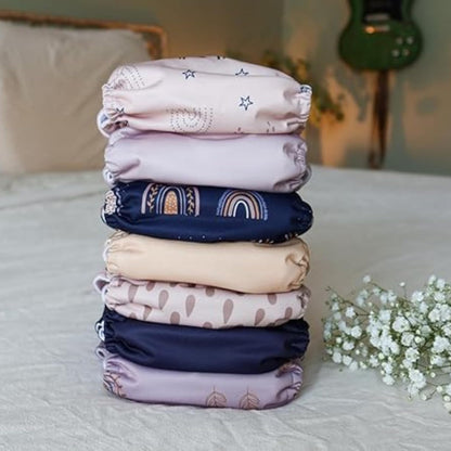 Nora's Nursery Cloth Diapers 7 Pack with 7 Inserts & 1 Wet Bag - Waterproof Cover, Washable, Reusable & One Size Adjustable Pocket Diapers for Newborns and Toddlers - Cali Coastal