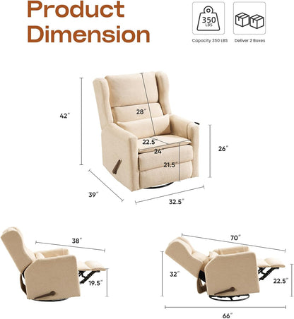 Power Recliner Chair Swivel Glider with Adjustable Headrest，Oversized Swivel Rocker Recliner with Lumbar Support, Upholstered Nursery Glider Recliner for Living Room,White