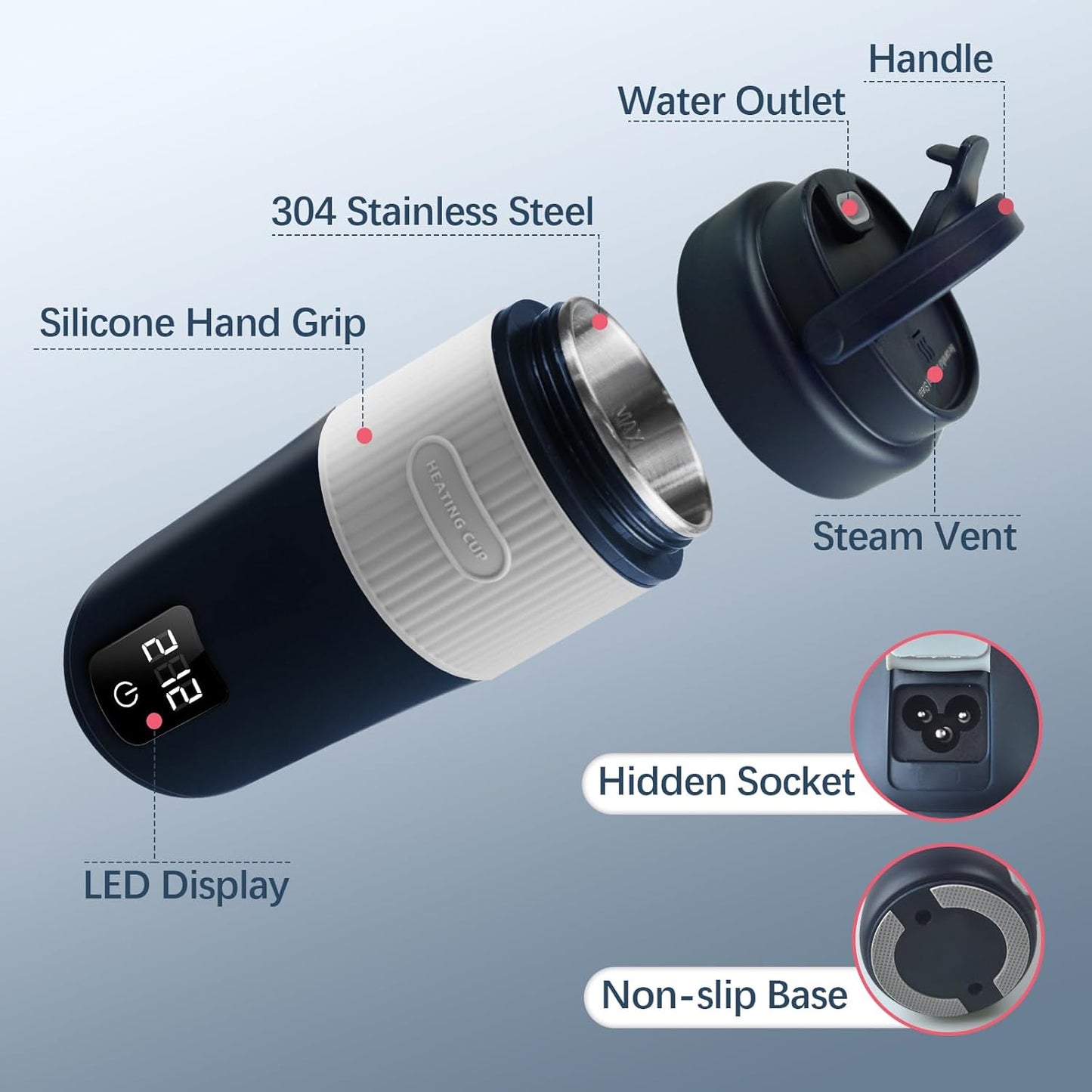 Portable Baby Bottle Warmer, Travel-Friendly with Detachable Battery Base, Type-C Fast Charge, 316 Stainless Steel, Touch Control, 8H Constant Temperature, Child Lock, 95-131°F