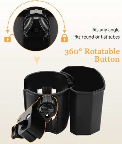 Universal Stroller Cup Holder with Phone Holder, 360° Rotatable Strong Clip, Big Storage Space for Walker, Wheelchair, Stroller, Bike