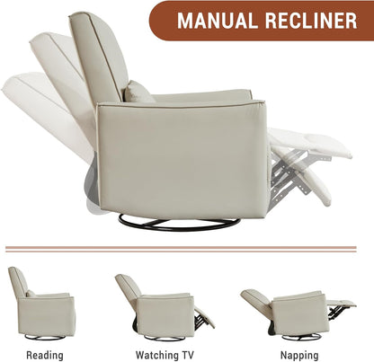 GarveeHome Recliner Chair, 360° Swivel Rocker Glider Nursery Chair with Padded Armrest and Deep Seat, PU Leather Upholstered Reclining Sofa Chair for Living Room, Bedroom and Nursery (White)