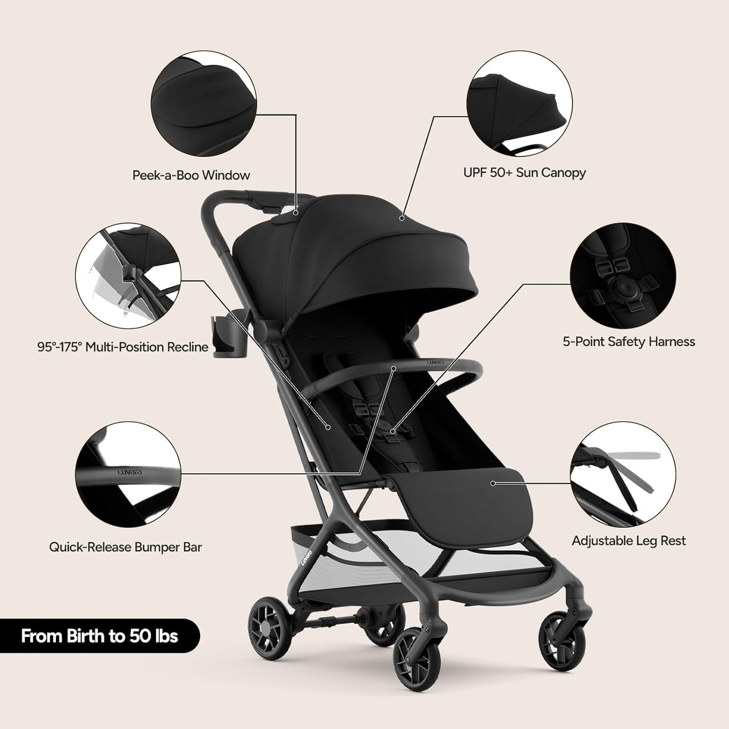 Neo Lightweight Travel Stroller with Snack Tray, Airplane-Friendly Compact Baby Stroller, One-Hand Fold Portable Stroller for Toddler 0-55lbs, Adjustable Recline Seat, UPF 50+ Canopy,Rain Cover