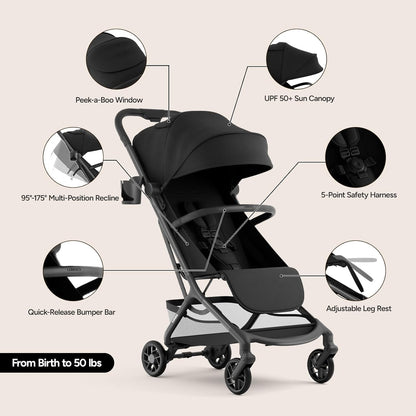 Neo Lightweight Travel Stroller with Snack Tray, Airplane-Friendly Compact Baby Stroller, One-Hand Fold Portable Stroller for Toddler 0-55lbs, Adjustable Recline Seat, UPF 50+ Canopy,Rain Cover