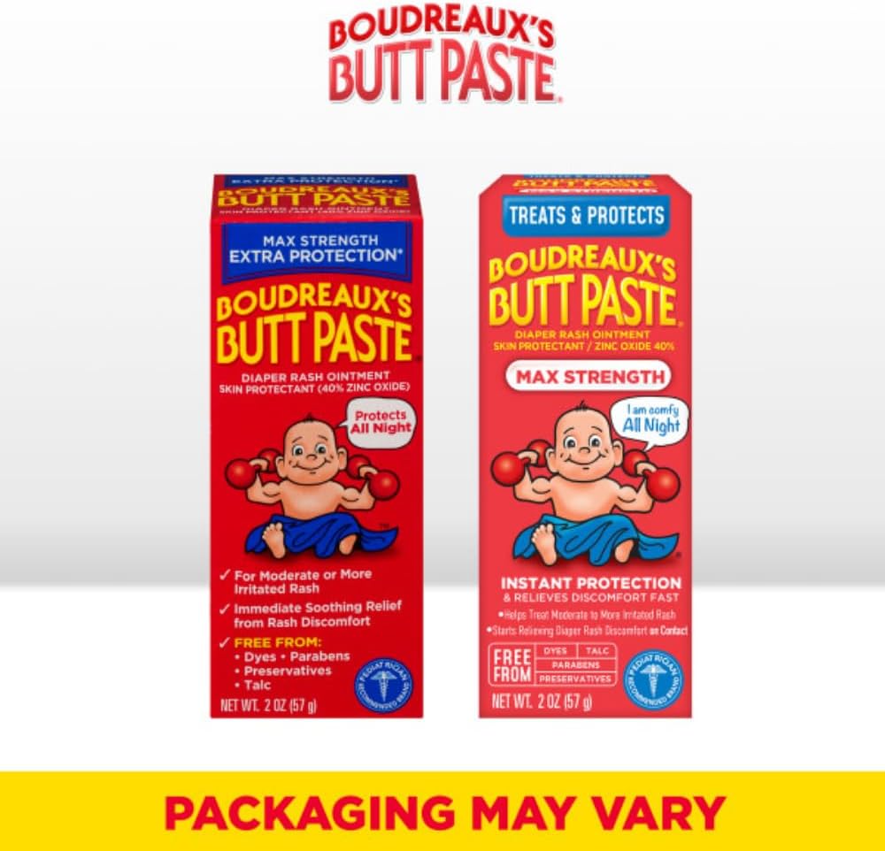 Boudreaux’s Butt Paste Diaper Rash Ointment, Baby Rash Cream Skin Protectant, Fast Relief, Soothing Barrier Cream, Original, Maximum Strength, 2 Ounce Tube (Variety Pack of 2)