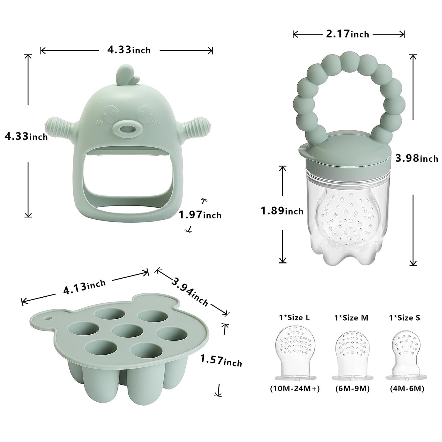 3-in-1 Baby Food & Fruit Feeder Set – Breastmilk Popsicle Mold with Freezer Tray, Teething Relief Toy, BPA Free Infant Silicone Feeding Combo, 3 Bonus Sizes (S/M/L) Sacs (Olive Green)