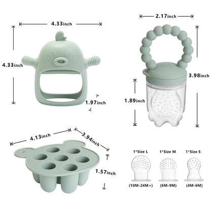 3-in-1 Baby Food & Fruit Feeder Set – Breastmilk Popsicle Mold with Freezer Tray, Teething Relief Toy, BPA Free Infant Silicone Feeding Combo, 3 Bonus Sizes (S/M/L) Sacs (Olive Green)