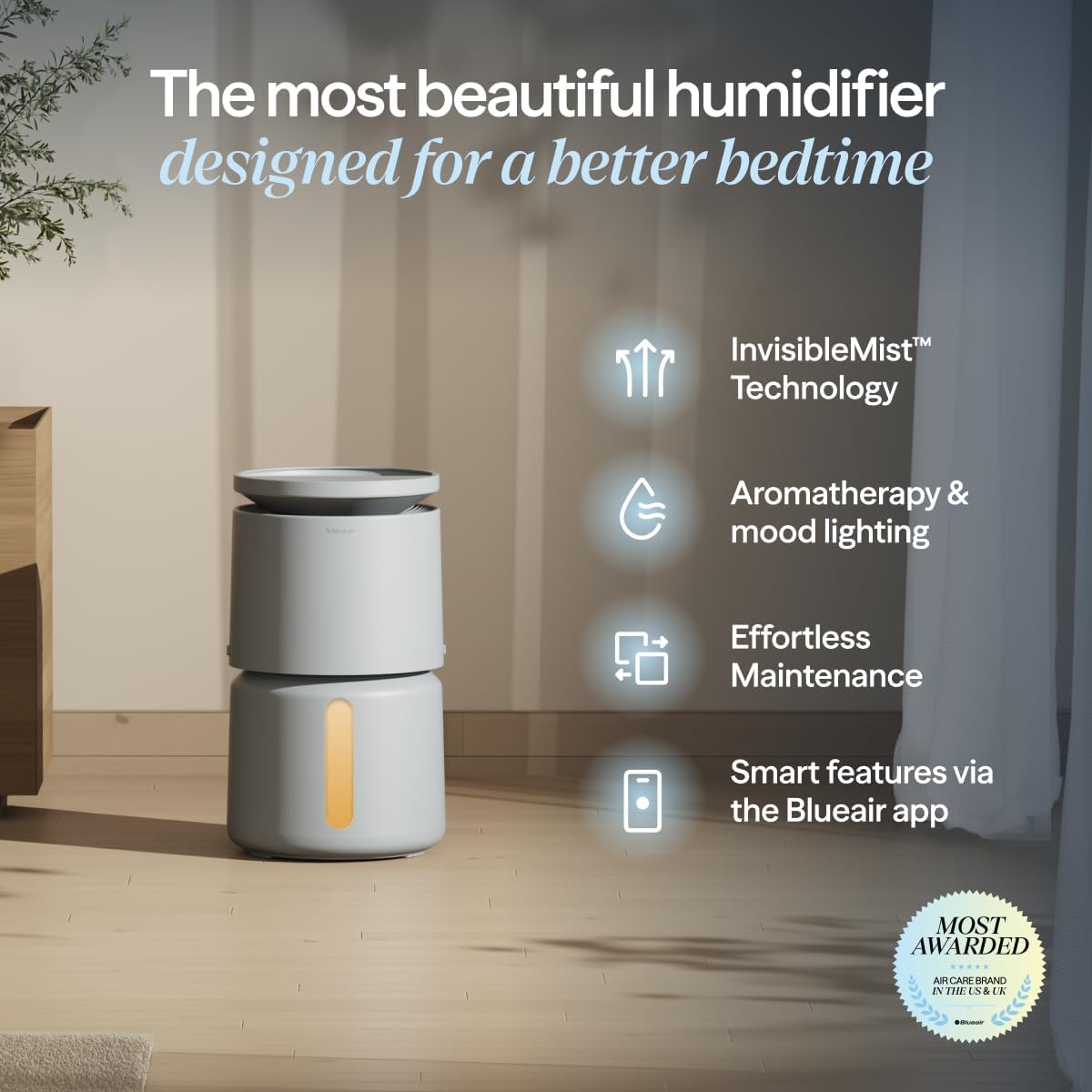BLUEAIR Room Humidifier - DreamWell - 48Hr Top-Fill Mist-Free InvisibleMist Technology Aroma Stone for Essential Oils and Soothing Mood Lighting - Quiet Operation for Bedroom and Home Use, Beige