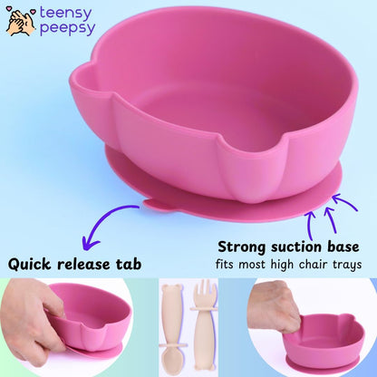 Silicone Bear Shaped Baby Bowl with Suction, Spoon & Fork for Babies 6+ Months, Infant Feeding BLW Baby Essentials Must Haves, BPA Free, Dishwasher Safe (Very Bear)