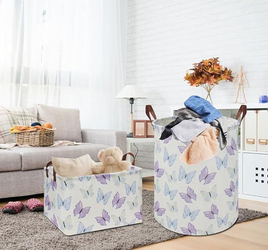 Rectangle Storage Basket with Handles, Collapsible Storage Bin, Books Box,Gift Basket(Blue & Purple Butterfly)
