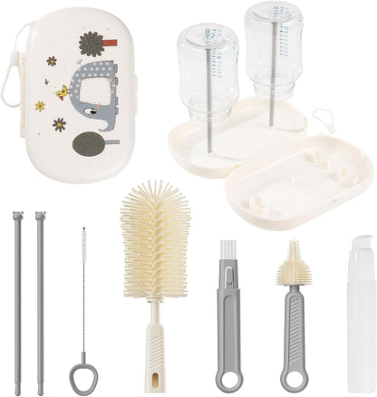 7-in-1 Baby Bottle Brush Set, Silicone Bottle Cleaner Kit with Nipple & Straw Brush, Soap Dispenser, Drying Rack & Travel Storage Case, Baby Bottle Cleaning Essentials (Green-Crocodile