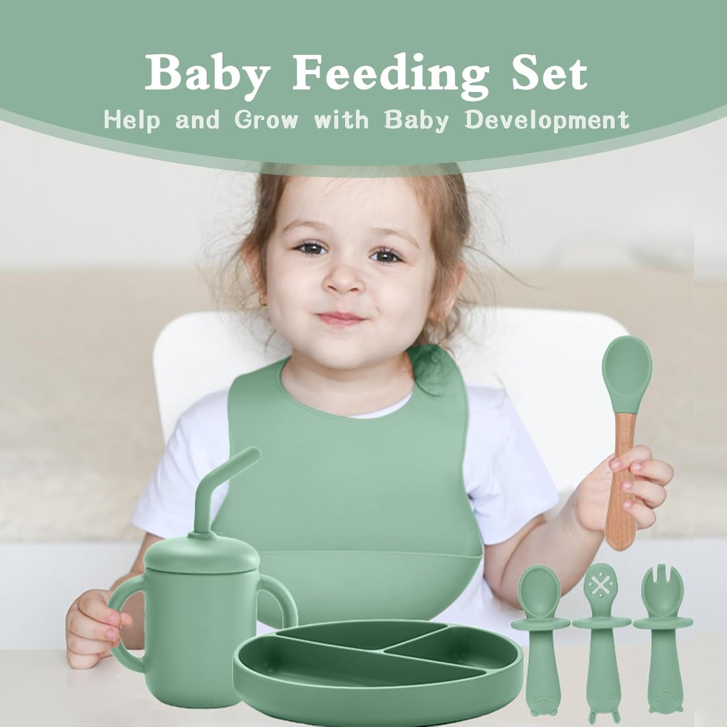 Silicone Feeding Set, 13PCS Baby Feeding Essentials with Suction Bowl & Plate, Spoons & Forks, Bib & Cup, Toothbrush, Baby Led Weaning Supplies for 6+ Months, Eating Essentials (Blue)
