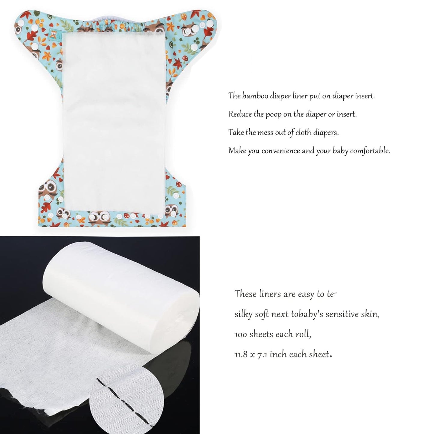 ALVABABY Diaper Liner for Baby Cloth Diapers Natural Soft Disposable Diaper Liners 11.8x7.1 Inch Fragrance Free Chlorine Free 400 Sheets
