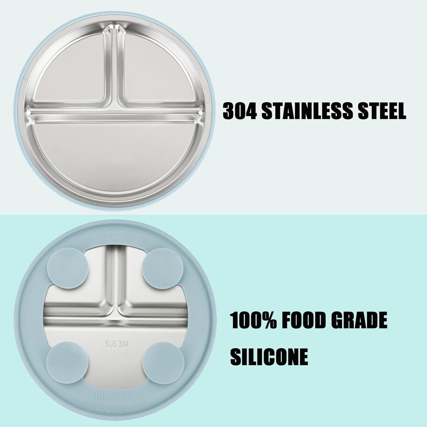 PandaEar Stainless Steel Baby Feeding Set | 2 Divided Suction Plates, 2 Spill-Proof Straw Cups with Silicone Sleeves, 2 Forks & 2 Spoons | Toddler Utensils for Baby Led Weaning, BPA-Free (Pink)