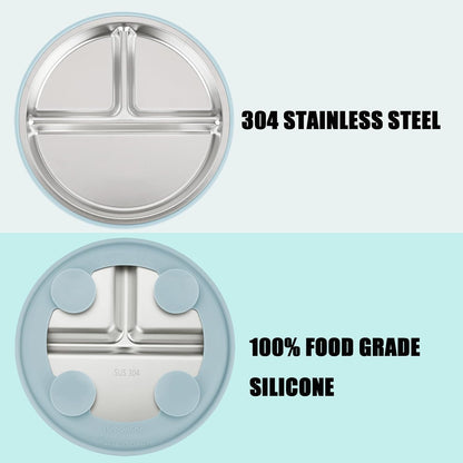 PandaEar Stainless Steel Baby Feeding Set | 2 Divided Suction Plates, 2 Spill-Proof Straw Cups with Silicone Sleeves, 2 Forks & 2 Spoons | Toddler Utensils for Baby Led Weaning, BPA-Free (Pink)