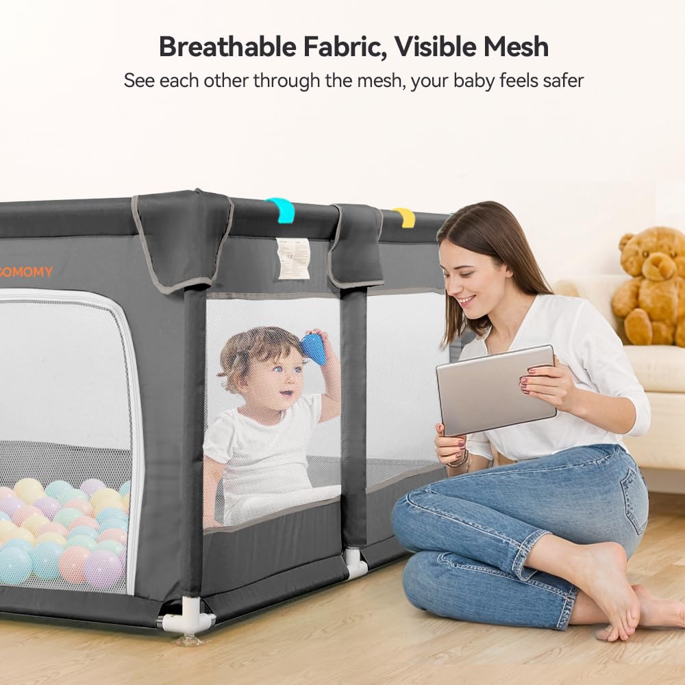 COMOMY Playpens for Babies and Toddlers, Small Baby Play Pens, Activity Center for Safe and Non-Slip Baby Fence, Full Mesh Design, Indoor & Outdoor Kids Activity Center (Dark Grey, 36"x36")