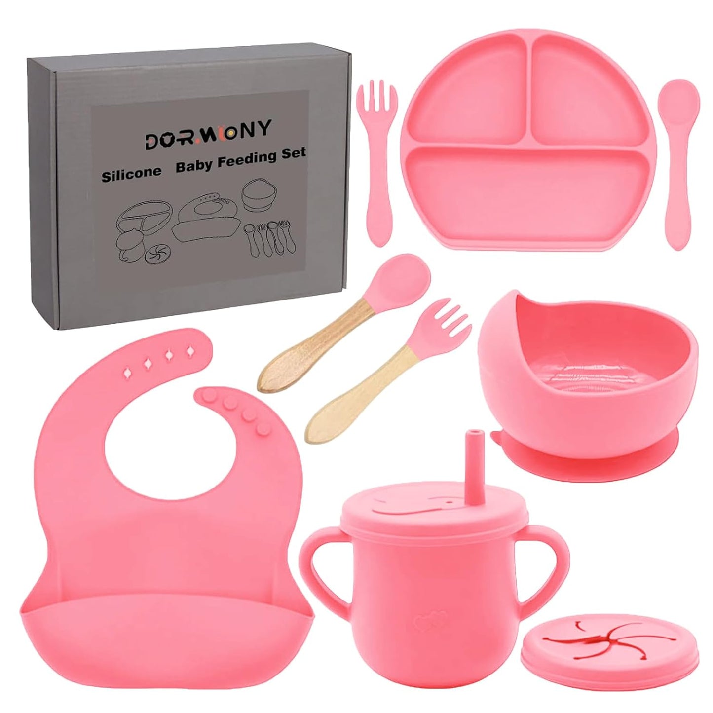 100% Silicone Baby Feeding Set, BPA Free Baby Dishes with Suction Bowl, Divided Plate, Toddler Self Feeding Dish Set with Spoons, Forks, Sippy Cup and Bib, Baby Eating Utensils (Navy Blue)