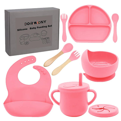 100% Silicone Baby Feeding Set, BPA Free Baby Dishes with Suction Bowl, Divided Plate, Toddler Self Feeding Dish Set with Spoons, Forks, Sippy Cup and Bib, Baby Eating Utensils (Navy Blue)