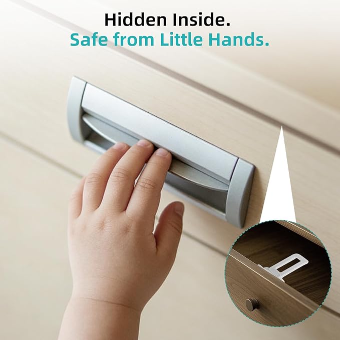 Child Safety Cabinet Locks (10 Pack) – Hidden Child Proof Cabinet Locks with Extra-Long Locking Arm, Strong Adhesive for Most Cabinets & Drawers, Easy to Install Baby Proofing Locks