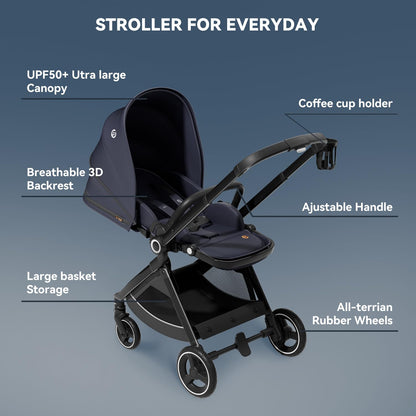 EMU Baby Stroller with Reversible Seat Full-Size Infant Stroller with Full Recline Cockpit Compact Foldable Toddler Carriage for Outdoor City - Black