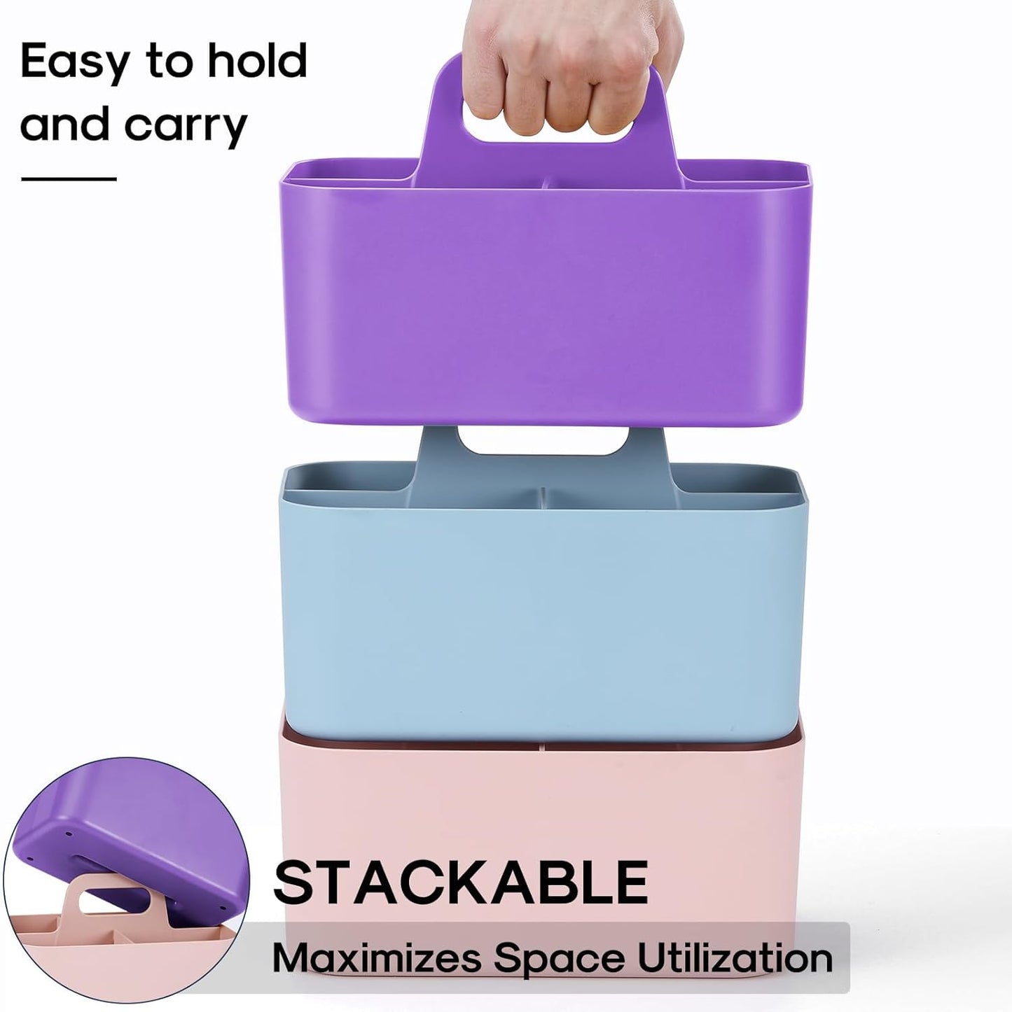 Multiuse Caddy Organizer with Handle, Portable Divided Plastic Tote Bin - Art Craft, Stationary Pen Marker Crayons, Makeup Hair Supplies Storage - Bathroom, Classroom, Dorm, Office, Desk Holder - Pink