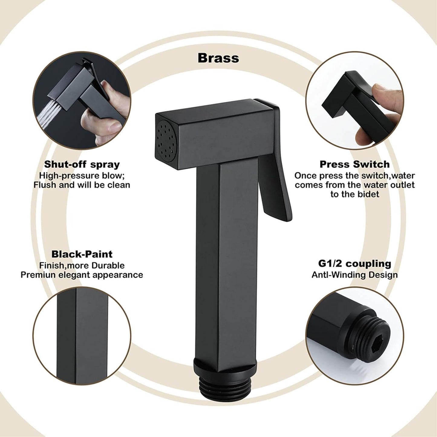 Handheld Bidet Sprayer Square Cloth Diaper Sprayer Brass Bidet Sprayer for Toilet Handheld Bidet Sprayer for Toilet-Adjustable Water Pressure Control(Matte Black)