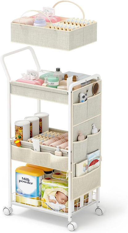 BBLIKE 3-Tier Diaper Caddy Organizer - Rolling Utility Baby Cart with Drawer and Side Pockets for Nursery and Baby Essentials, Multi-Function Cart for Bedroom and Bathroom, White
