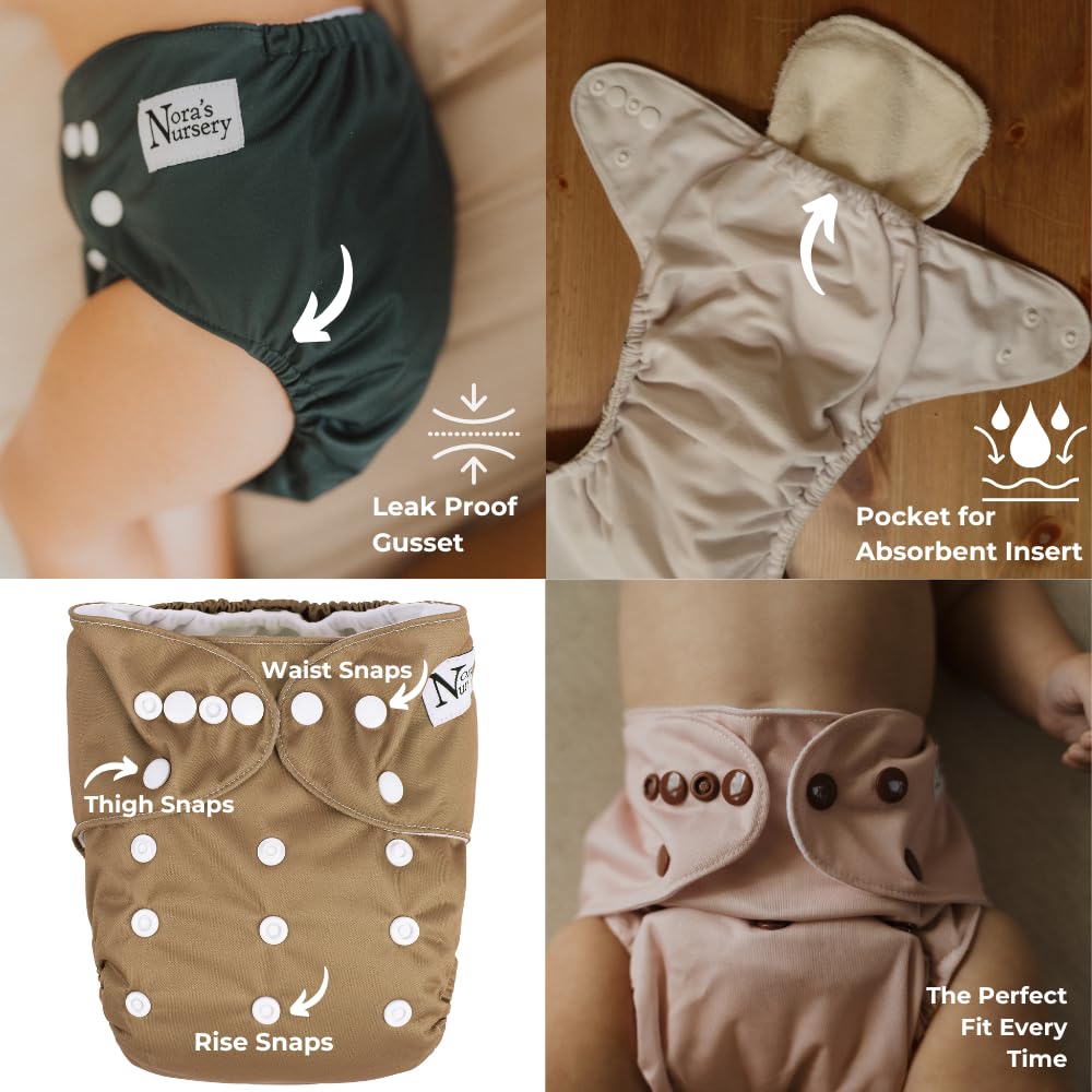 Nora's Nursery Cloth Pocket Diapers 4 Pack with 4 Inserts - Waterproof Cover, Washable, Reusable & One Size Adjustable Pocket Diapers for Newborns and Toddlers - Mama Bear
