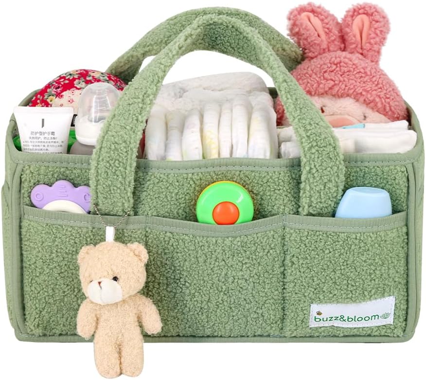 Buzz&Bloom Baby Teddy Diaper Caddy Organizer, Stylish Storage Basket for Newborn Essentials and Diaper Station, Gift for Baby Shower and Registry Must-Have (Beige)