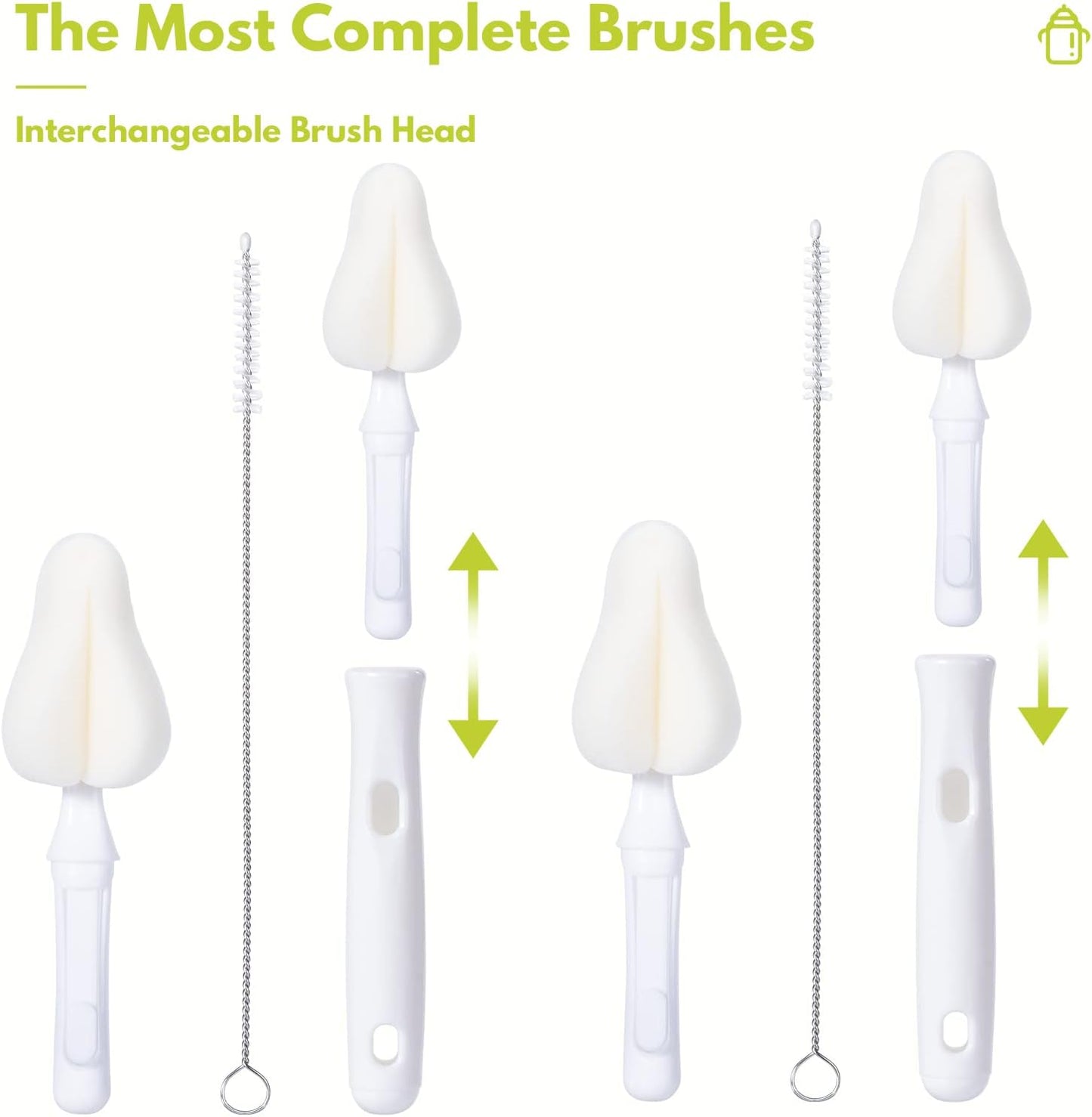 Carebabymore 8 Pcs Sponge Nipple Bottle Brushes, Baby Bottle Brush with 3 Pcs Nipple Cleaner, 3 Pcs Replacement Heads and 2 Pcs Straw Brushes, White