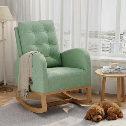 Modern Rocking Chair for Living Room, Comfortable Recliner Rocker with Side Pocket, Soft Linen Upholstered Glider Chair for Bedroom, Nursery, Lounge-Grey